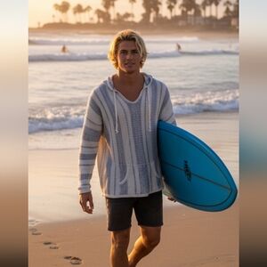 Ron Jon Surf Shop Beach Hoodie V Neck Drawstring Hoodie White Blue Stripes